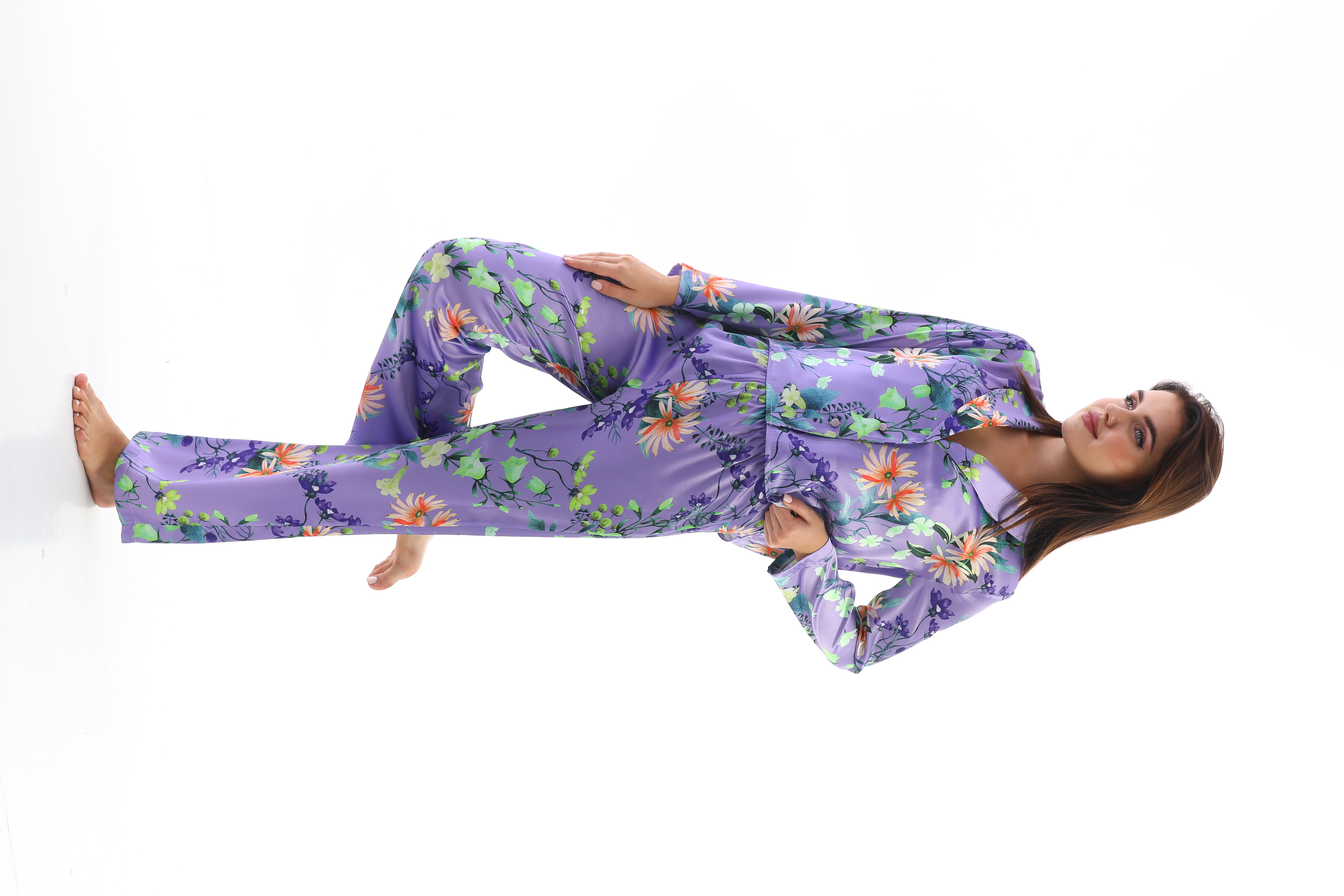 Kadın Çicek Desenli Saten Pijama Takımı
